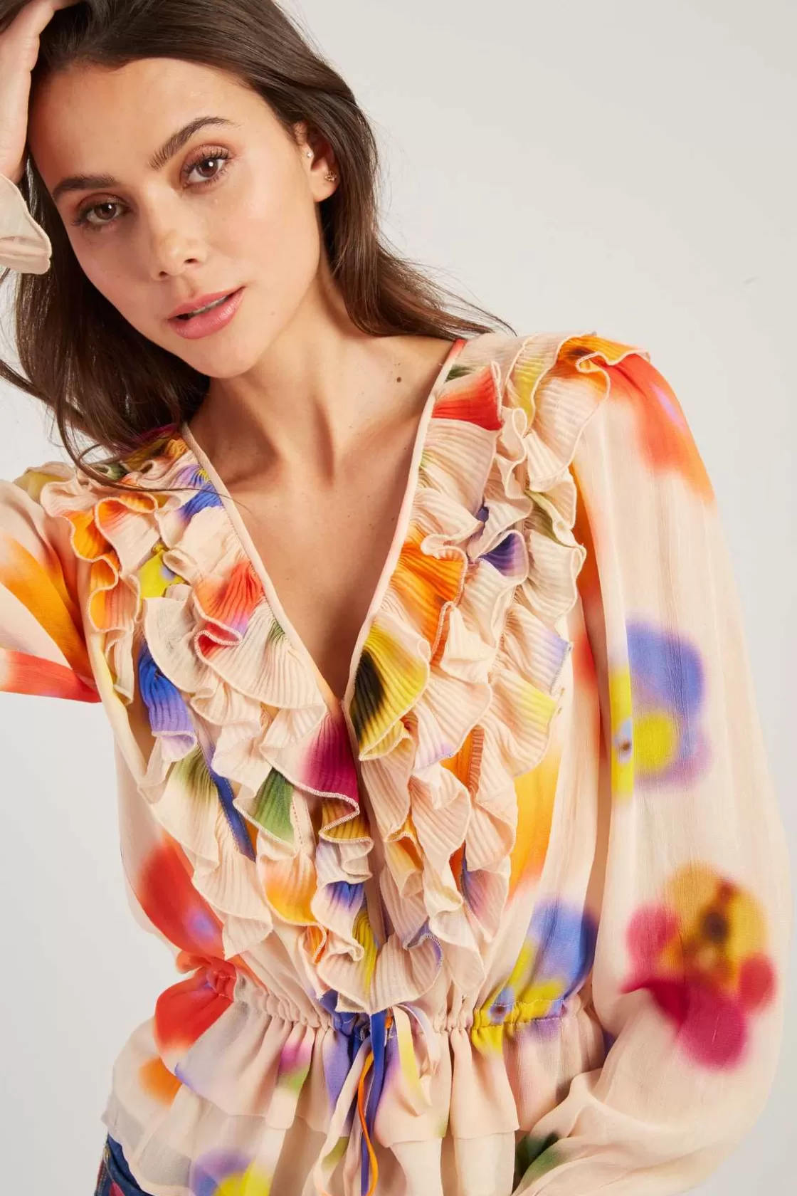 blouse_imprime_col_v_manches_longues_feline_2.webp Maison Derhy Les Blouses, Chemisiers & Tops-Blouse imprimée col V manches longues FELINE