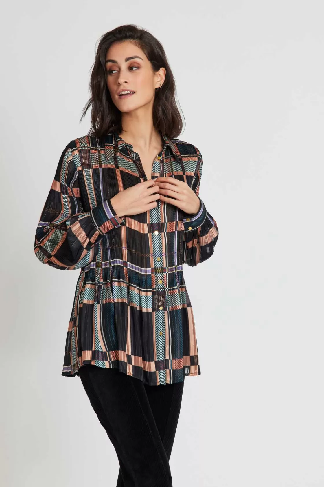 Maison Derhy Les Blouses, Chemisiers & Tops-Chemise plissée imprimée JEANNE Noir