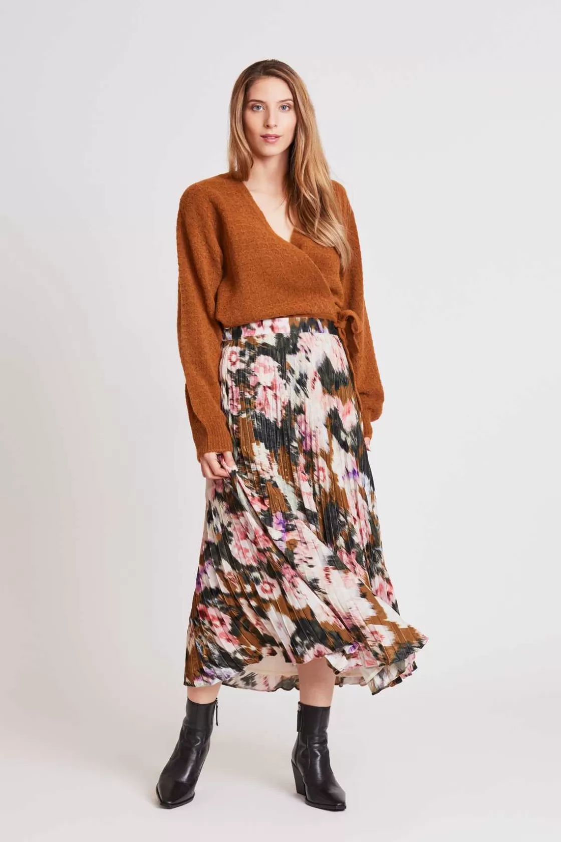 Maison Derhy Les Blouses, Chemisiers & Tops-Jupe midi plissée et imprimée HAVANA Kaki