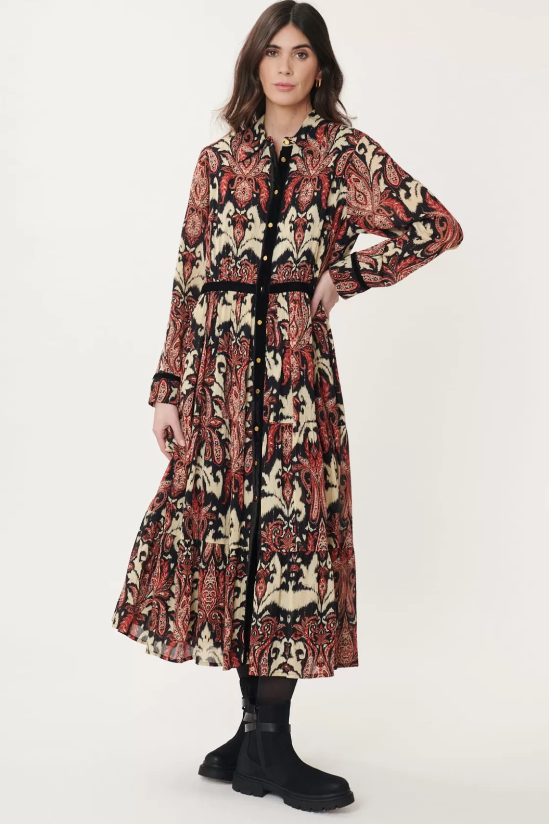 Maison Derhy Robes Longues-Robe Chemise Longue Imprimée AGNES Noir