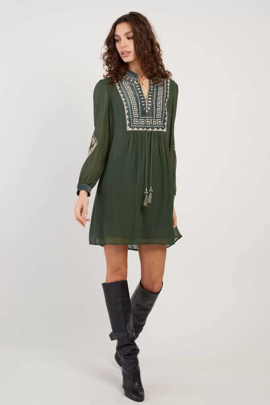 Maison Derhy Robes Courtes-Robe courte brodée manches longues VANINA
