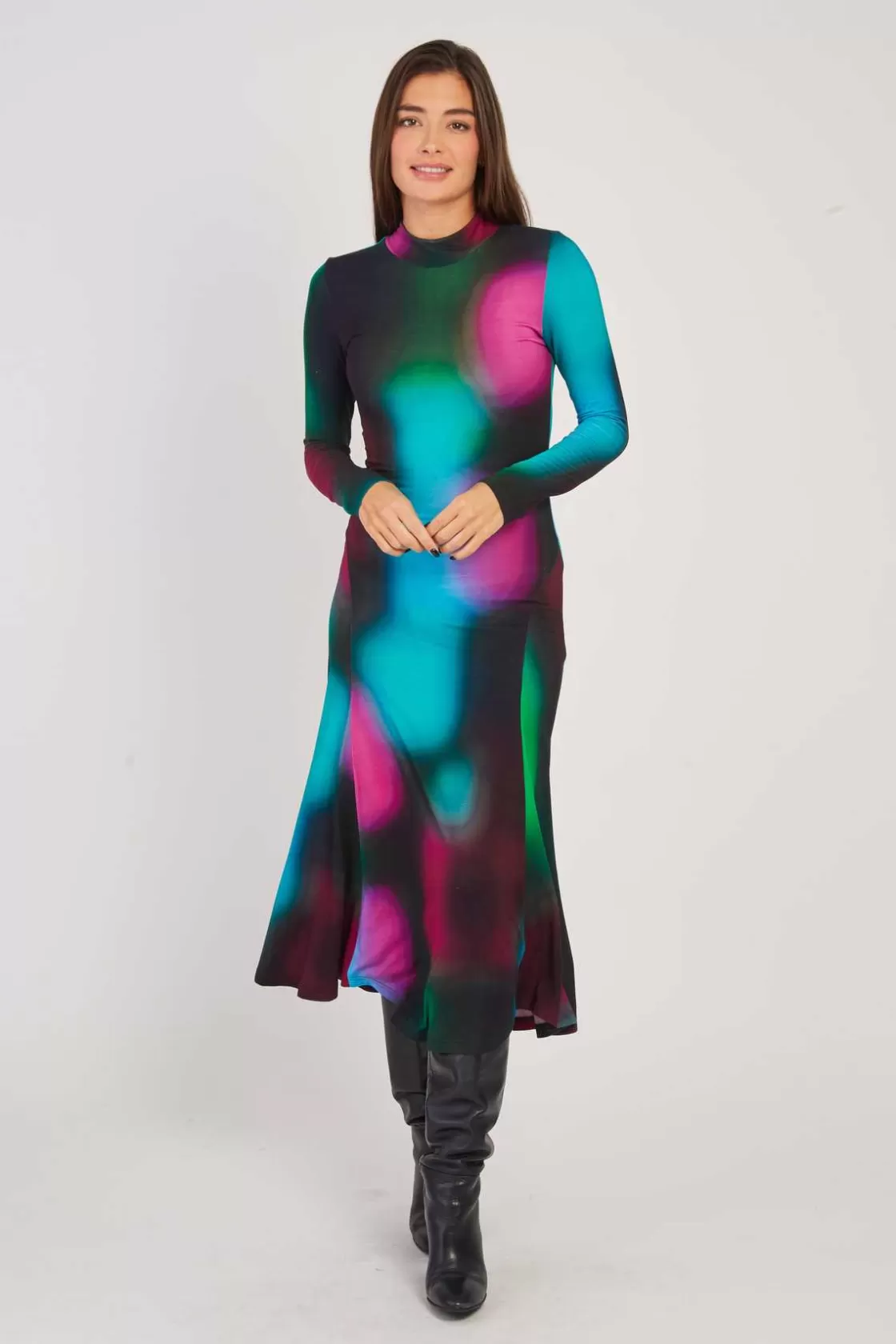 robe_longue_col_montant_imprim_abstrait_bali_2.webp Maison Derhy Robes Imprimées | Robes Longues-Robe longue col montant imprimé abstrait BALI Turquoise