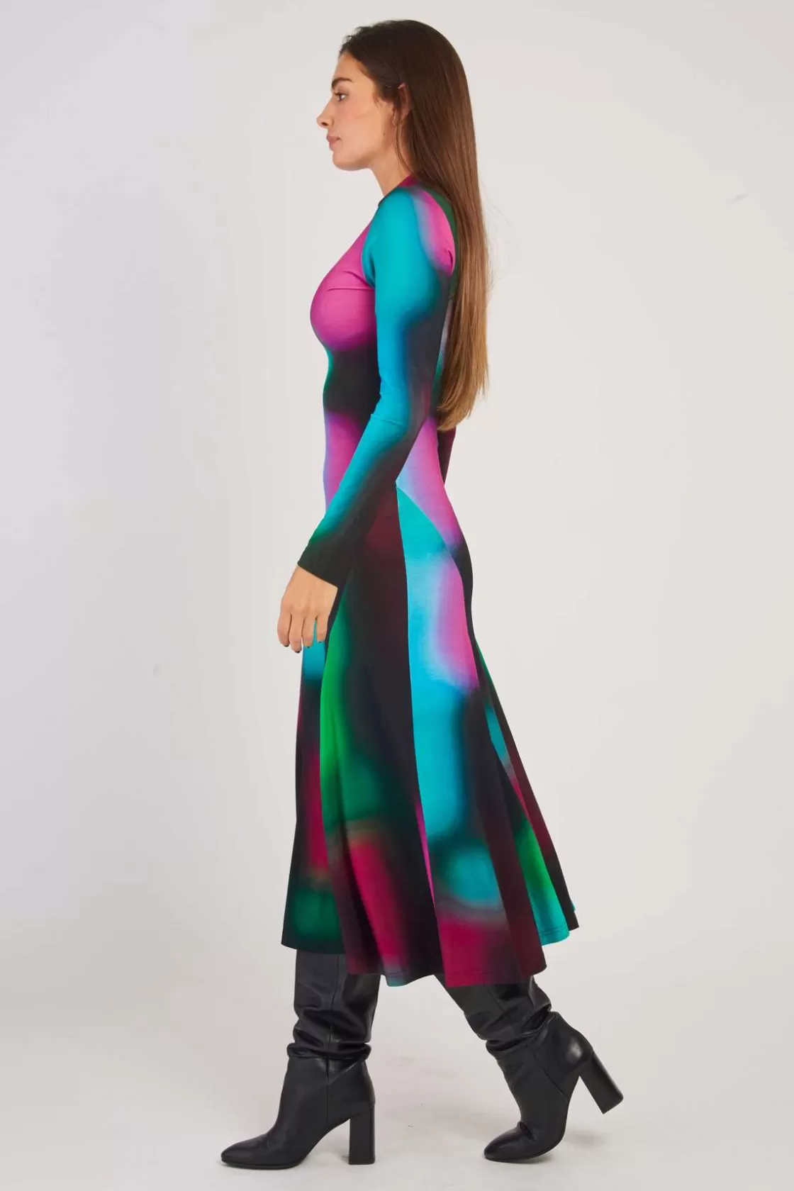 robe_longue_col_montant_imprim_abstrait_bali_3.webp Maison Derhy Robes Imprimées | Robes Longues-Robe longue col montant imprimé abstrait BALI Turquoise