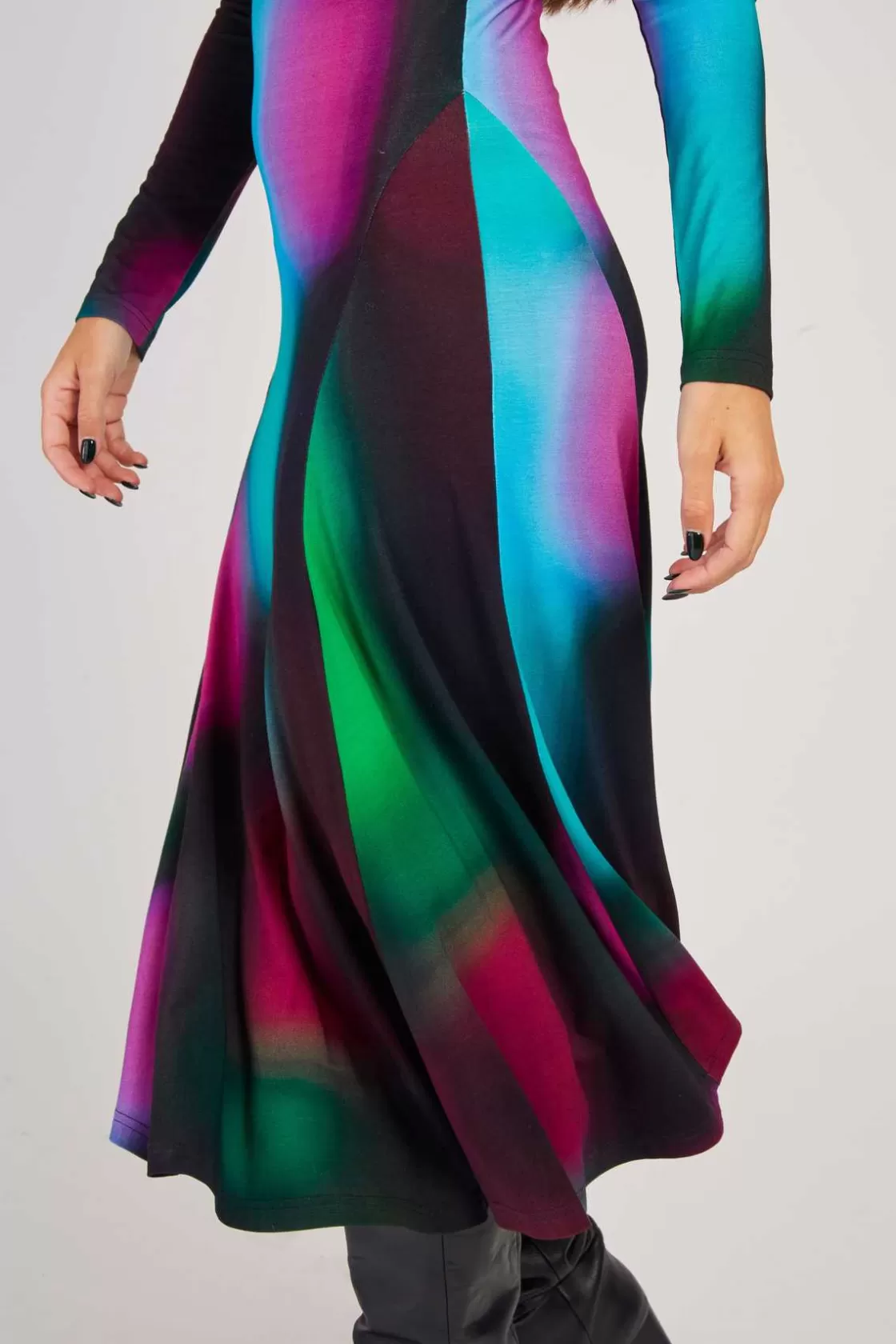 robe_longue_col_montant_imprim_abstrait_bali_5.webp Maison Derhy Robes Imprimées | Robes Longues-Robe longue col montant imprimé abstrait BALI Turquoise