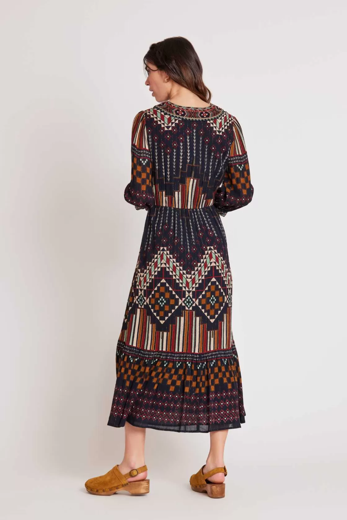 robe_longue_manches__imprime_selena_2.webp Maison Derhy Robes Imprimées | Robes Longues-Robe longue manches 3/4 imprimée SELENA Marine