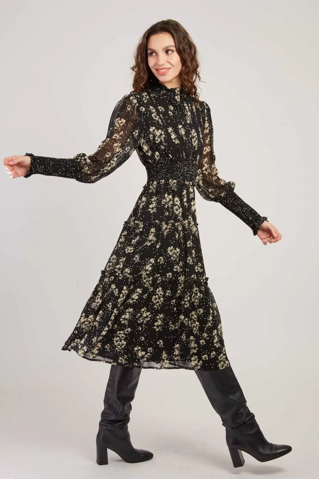 robe_milongue_imprime_manches_longues_bellissima_2.webp Maison Derhy Robes Imprimées | Robes Longues-Robe Mi-Longue Imprimée Manches Longues BELLISSIMA Noir